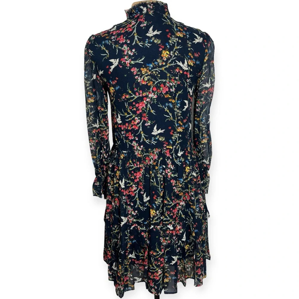The Kooples Navy Blue Bird Print Silk Chiffon Dress Size Medium Ruffle Mini - Picture 7 of 16